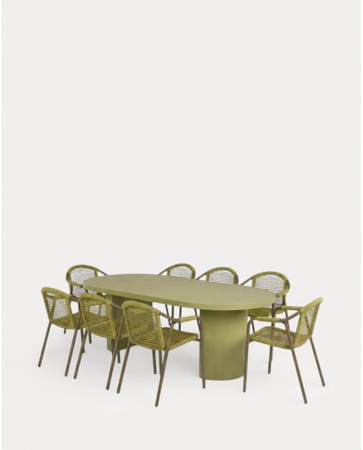 Conjunto de Mesa Extensível (Ø120-240x120 cm) Beca e 8 Cadeiras com Apoios de Braço em Metal e Corda Murna Outdoor