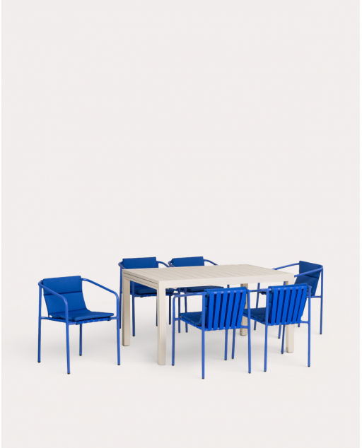 Conjunto com mesa retangular extensível 135-265x100 cm Seila e 6 cadeiras de exterior com apoios de braços em alumínio Vinke