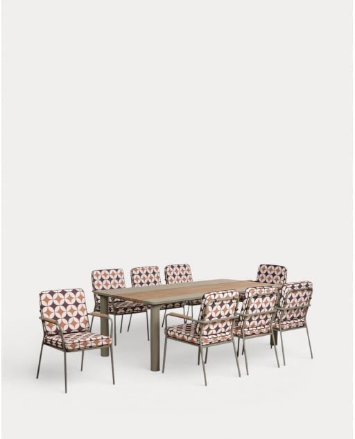 Conjunto de Mesa Retangular (220x110 cm) Lirae e 8 Cadeiras em Metal e Madeira com Apoio de Braços Edimbra para Uso Externo - Verde Sage