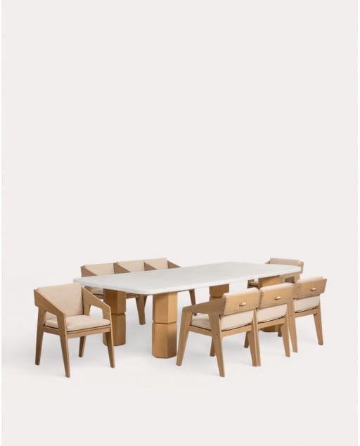 Conjunto de Mesa Retangular em Terrazzo (270x120 cm) Ixiar e 8 Cadeiras de Braço em Madeira de Acácia Tanon para uso Externo