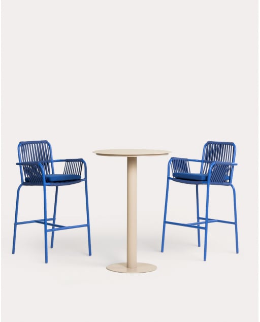 Conjunto de Mesa Alta Redonda (Ø70 cm) Banon e 2 Banquetas Altas de Alumínio (74 cm) Drian para Uso Externo