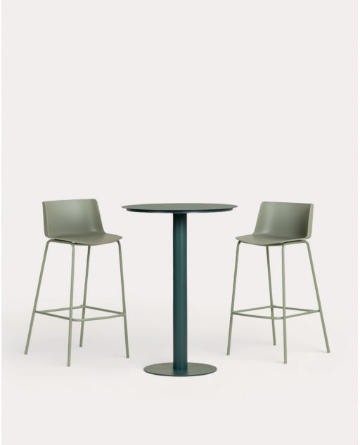 Conjunto de Mesa Alta Redonda em Metal (Ø70 cm) Banon e 2 Banquetas Altas em Polipropileno (74 cm) Meivy para Exterior