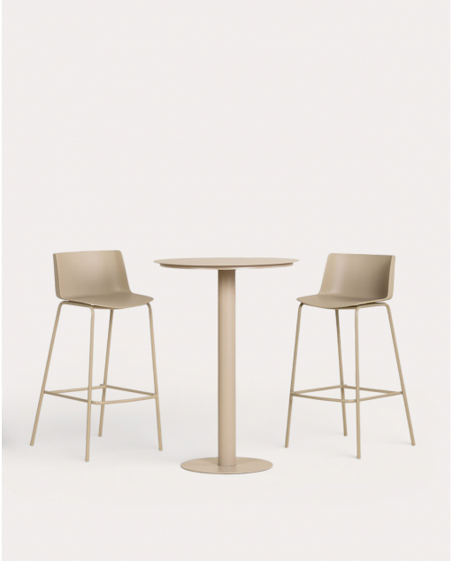 Conjunto de Mesa Alta Redonda em Metal (Ø70 cm) Banon e 2 Banquetas Altas em Polipropileno (74 cm) Meivy para Exterior - Castanho Clay