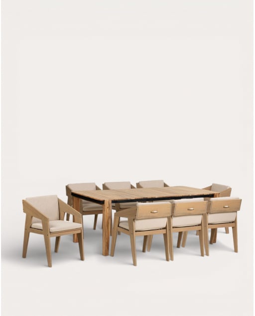 Conjunto de Mesa Retangular (200x100 cm) Lizzy e 8 Cadeiras de Exterior Tanon em Madeira de Acácia com Apoios de Braço