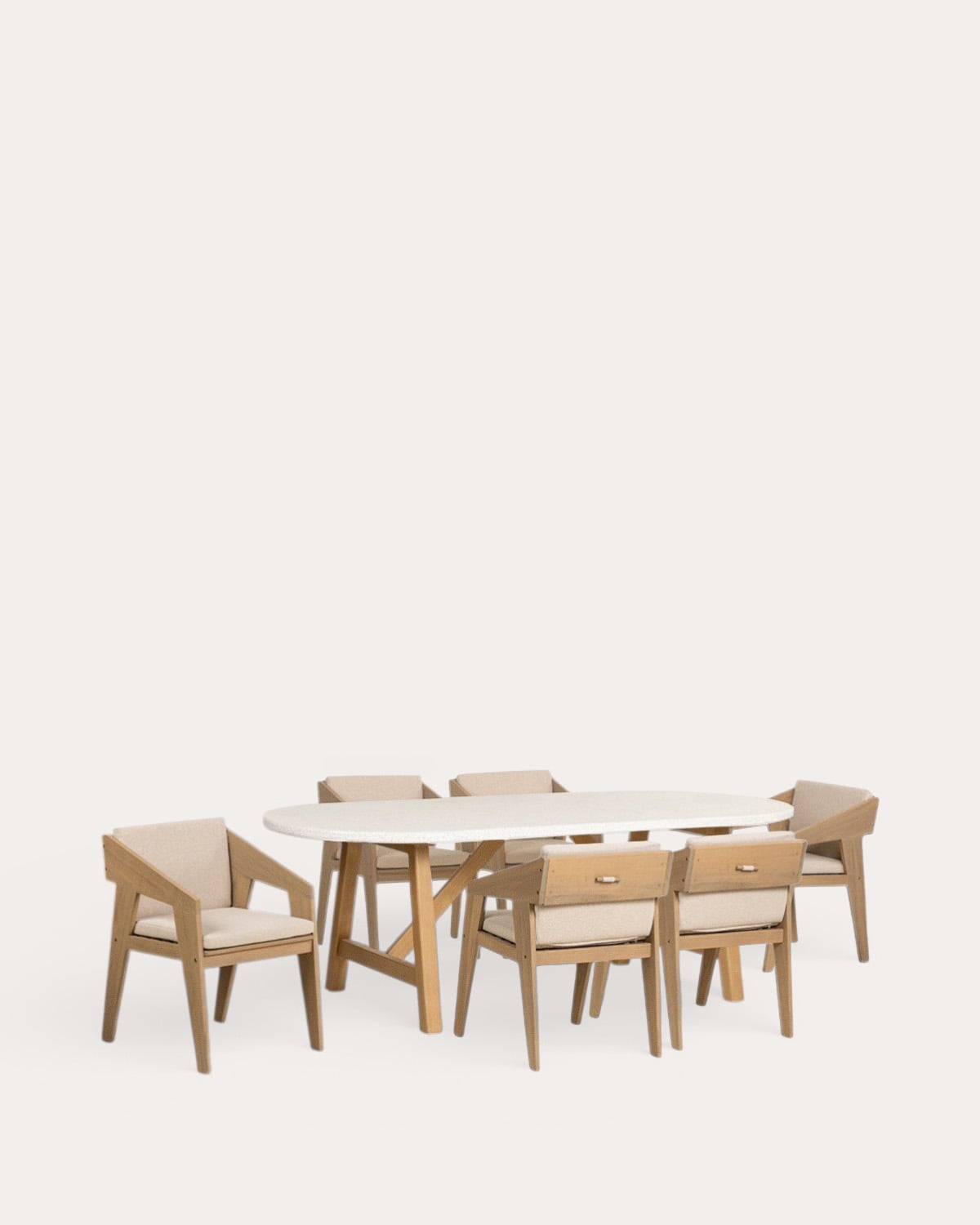 Conjunto com mesa oval 230x100 cm em terrazzo Mirena e 6 cadeiras de exterior com apoios de braços em madeira de acácia Tanon