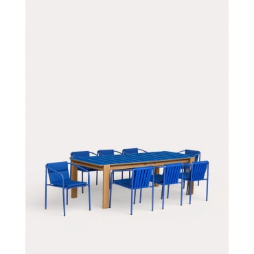 Conjunto de Mesa Retangular Extensível Ubel (225-330x100 cm) e 8 Cadeiras de Exterior com Apoios de Braço em Metal Vinke Azul Sapphire - The Masie