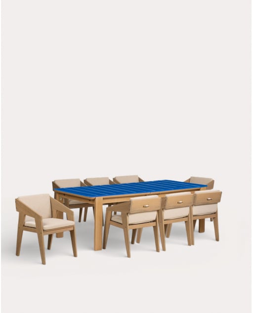Conjunto de Mesa Retangular Extensível (225-330x100 cm) Ubel e 8 Cadeiras de Braço em Madeira de Acácia Tanon para Uso Externo
