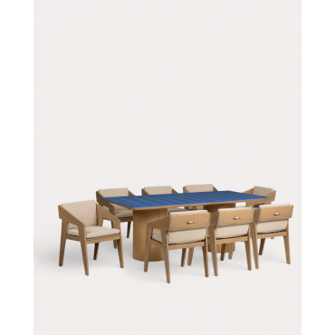 Conjunto de Mesa Retangular de Cimento (200x105 cm) Pepe e 8 Cadeiras de Braço em Madeira de Acácia Tanon para Uso Externo Acácia Natural - The Masie
