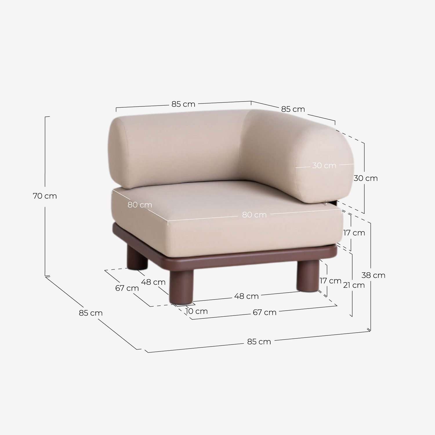 Módulo de Canto em Alumínio e Tecido para Sofá Modular de Jardim Lantana, Medidas