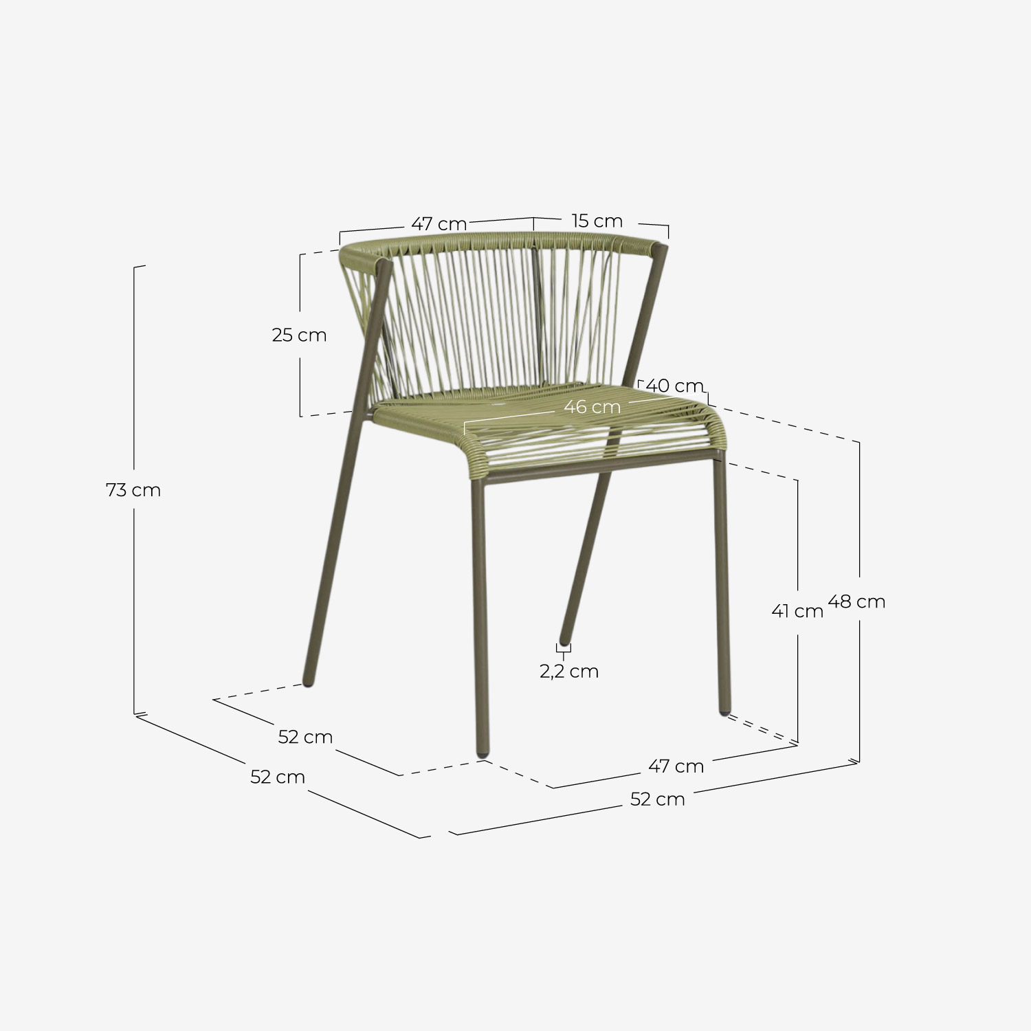 Conjunto de Mesa Oval (105x55 cm) e 2 Cadeiras Empilháveis em Metal e Rattan Sintético para uso Externo Paolo, Medidas