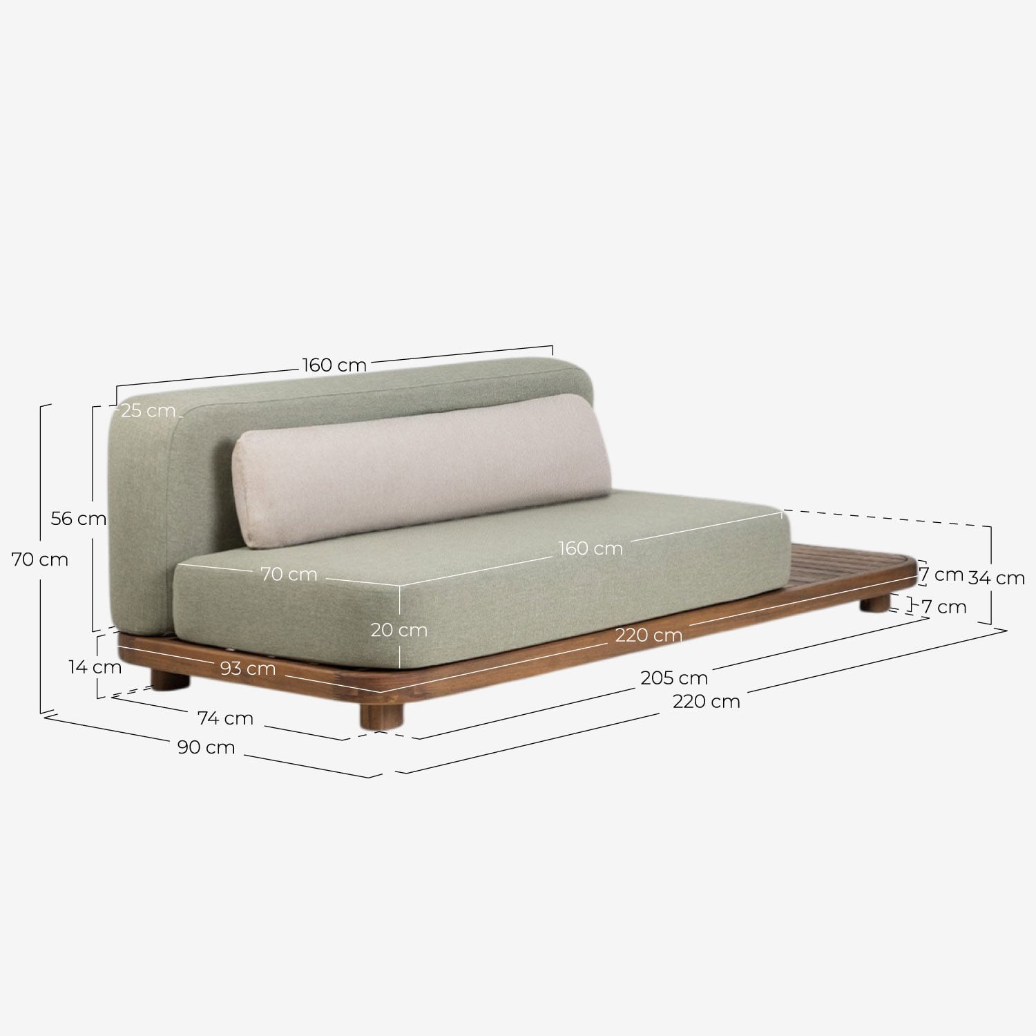 Conjunto de Jardim de 7 Peças Sofá, Sofá de Centro, Sofá de Canto, Pufe e Mesa de Centro em Madeira de Acácia e Tecido Redik, Medidas