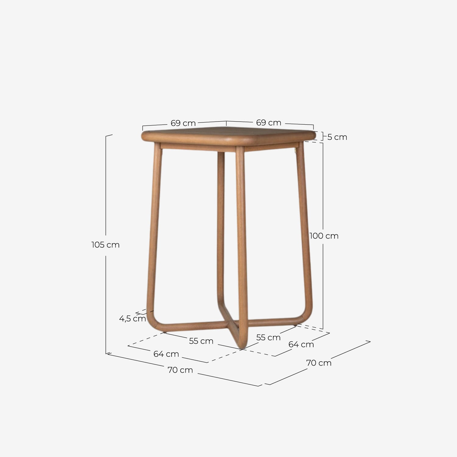 Conjunto de Mesa Alta (70x70 cm) e 4 Banquetas Altas em Madeira de Eucalipto e Tecido para Exterior Elnes, Medidas