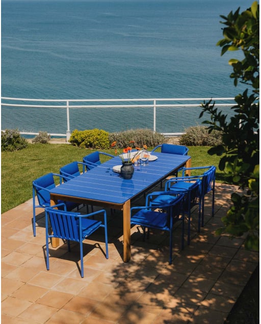 Conjunto de Mesa Retangular Extensível Ubel (225-330x100 cm) e 8 Cadeiras de Exterior com Apoios de Braço em Metal Vinke