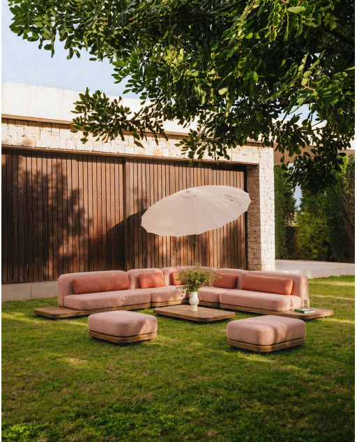 Conjunto de Jardim de 7 Peças Sofá, Sofá de Centro, Sofá de Canto, Pufe e Mesa de Centro em Madeira de Acácia e Tecido Redik