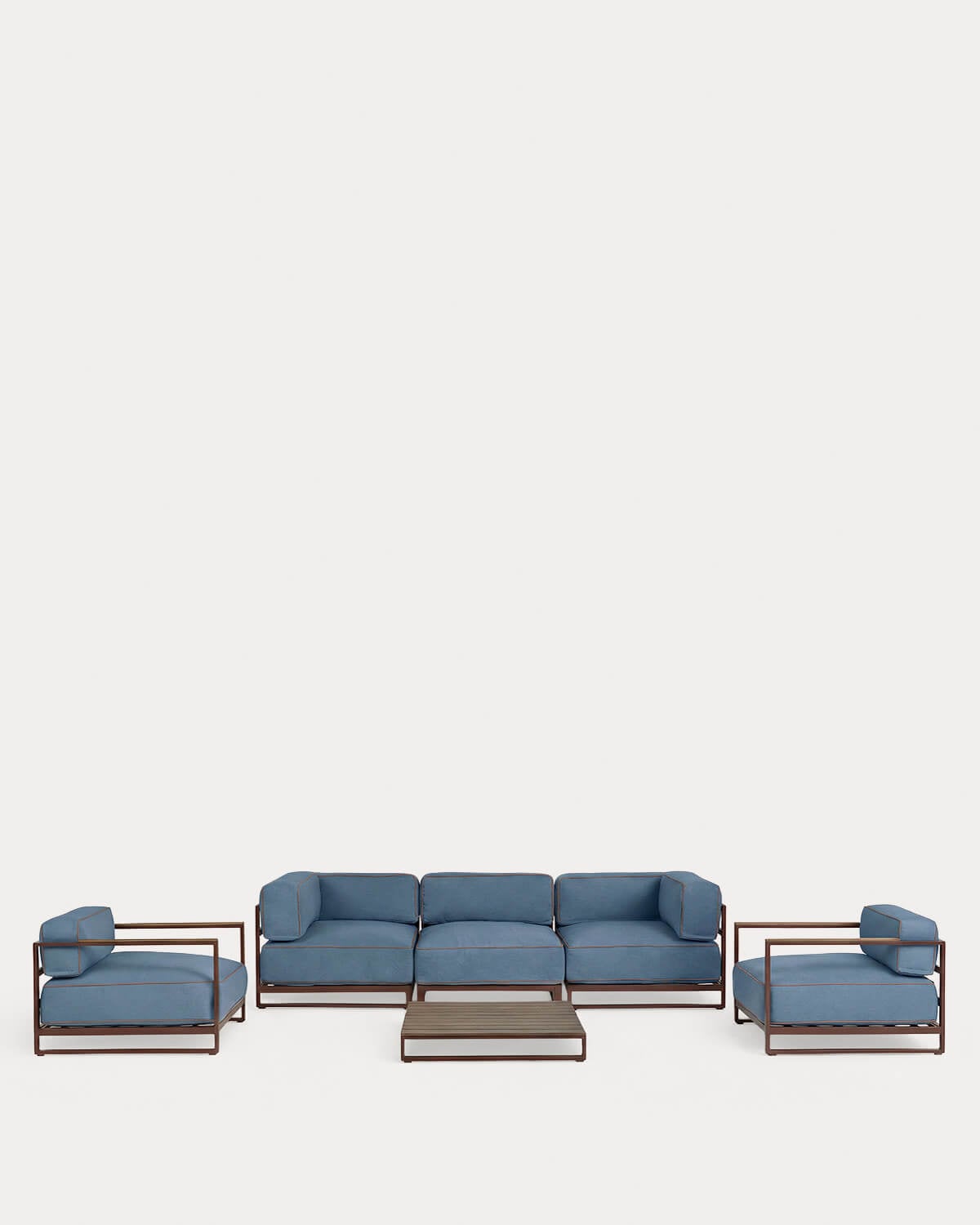 Conjunto de Jardim com 2 Módulos de Canto, Módulo Central, 2 Poltronas e Mesa de Centro em Metal e Tecido Kristen, imagem de galeria 1