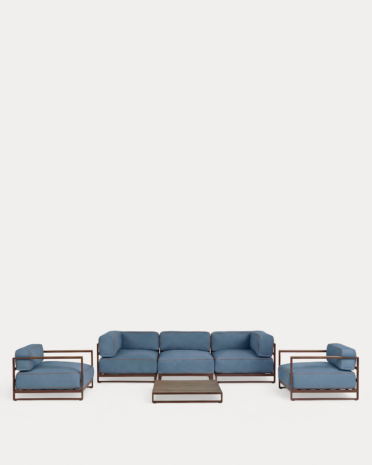 Conjunto de Jardim com 2 Módulos de Canto, Módulo Central, 2 Poltronas e Mesa de Centro em Metal e Tecido Kristen