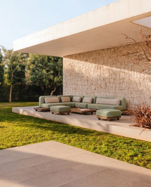 Conjunto de Jardim de 7 Peças Sofá, Sofá de Centro, Sofá de Canto, Pufe e Mesa de Centro em Madeira de Acácia e Tecido Redik