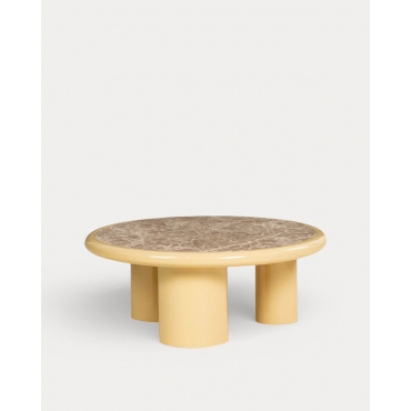 Mesa de Centro Redonda em Mármore e Madeira (Ø90 cm) Hellie Amarelo Wheat - The Masie