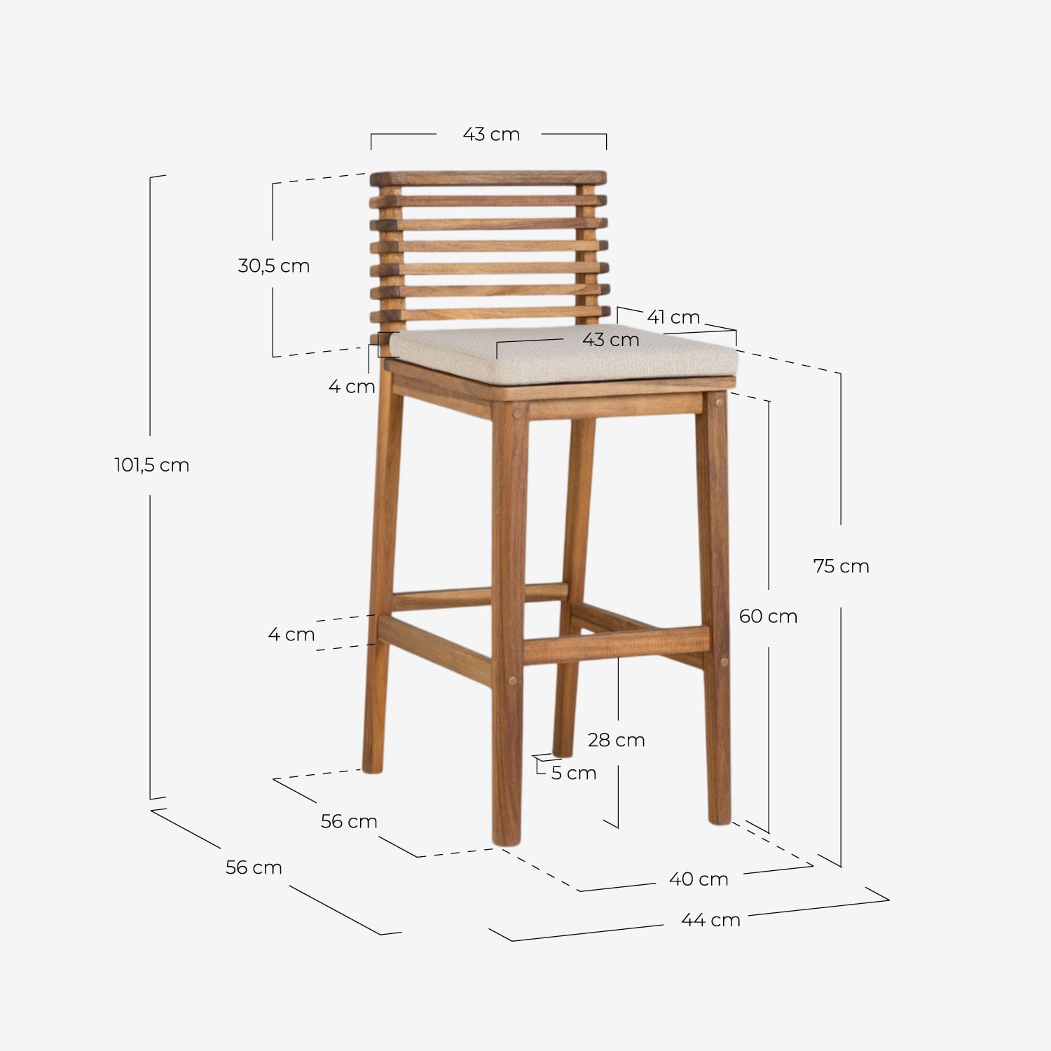 Pack 4 Banquetas Altas para Exterior em Madeira de Acácia e Tecido (75 cm) Hazan, Medidas