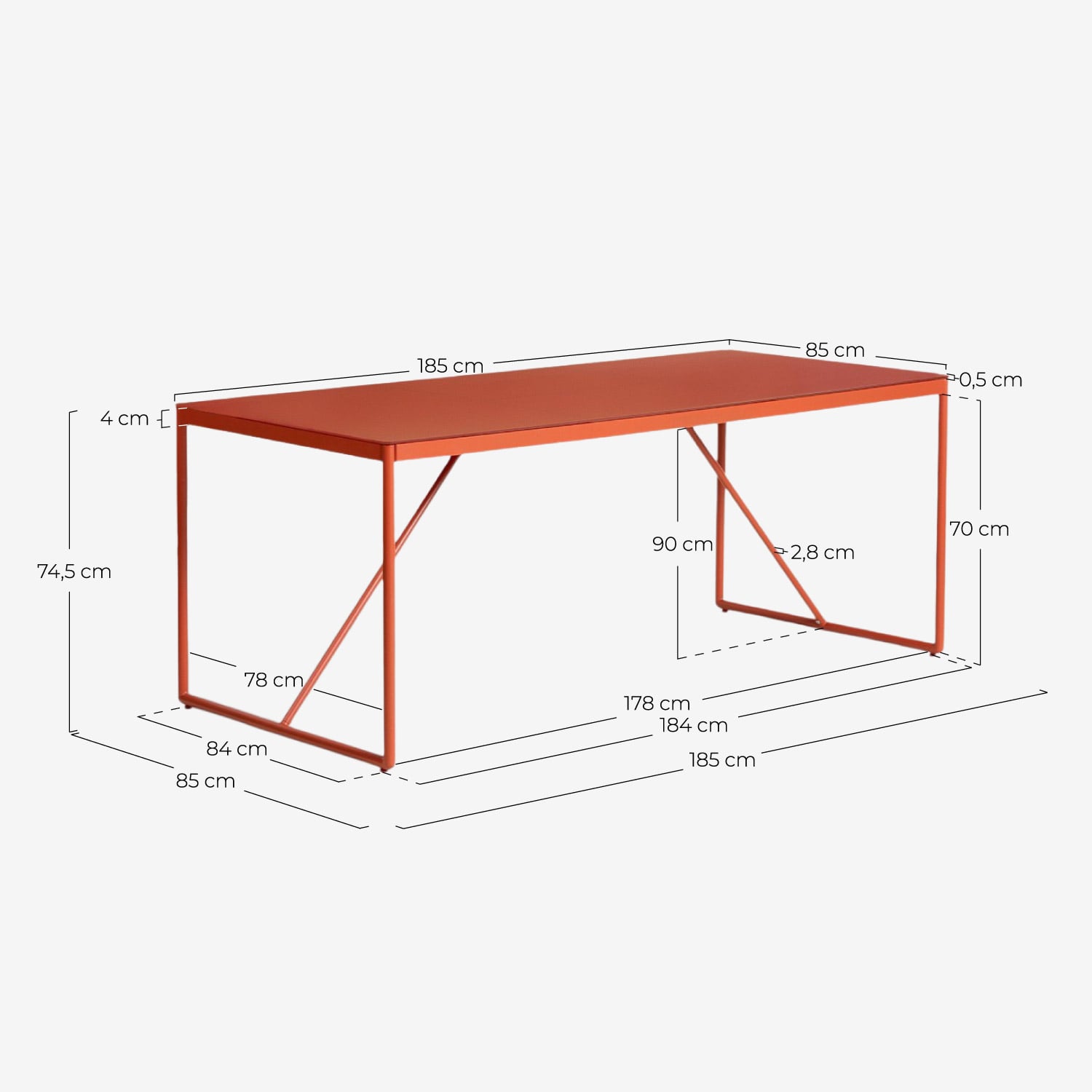 Mesa Retangular para Exterior em Metal e Vidro (185x85 cm) Bowye, Medidas