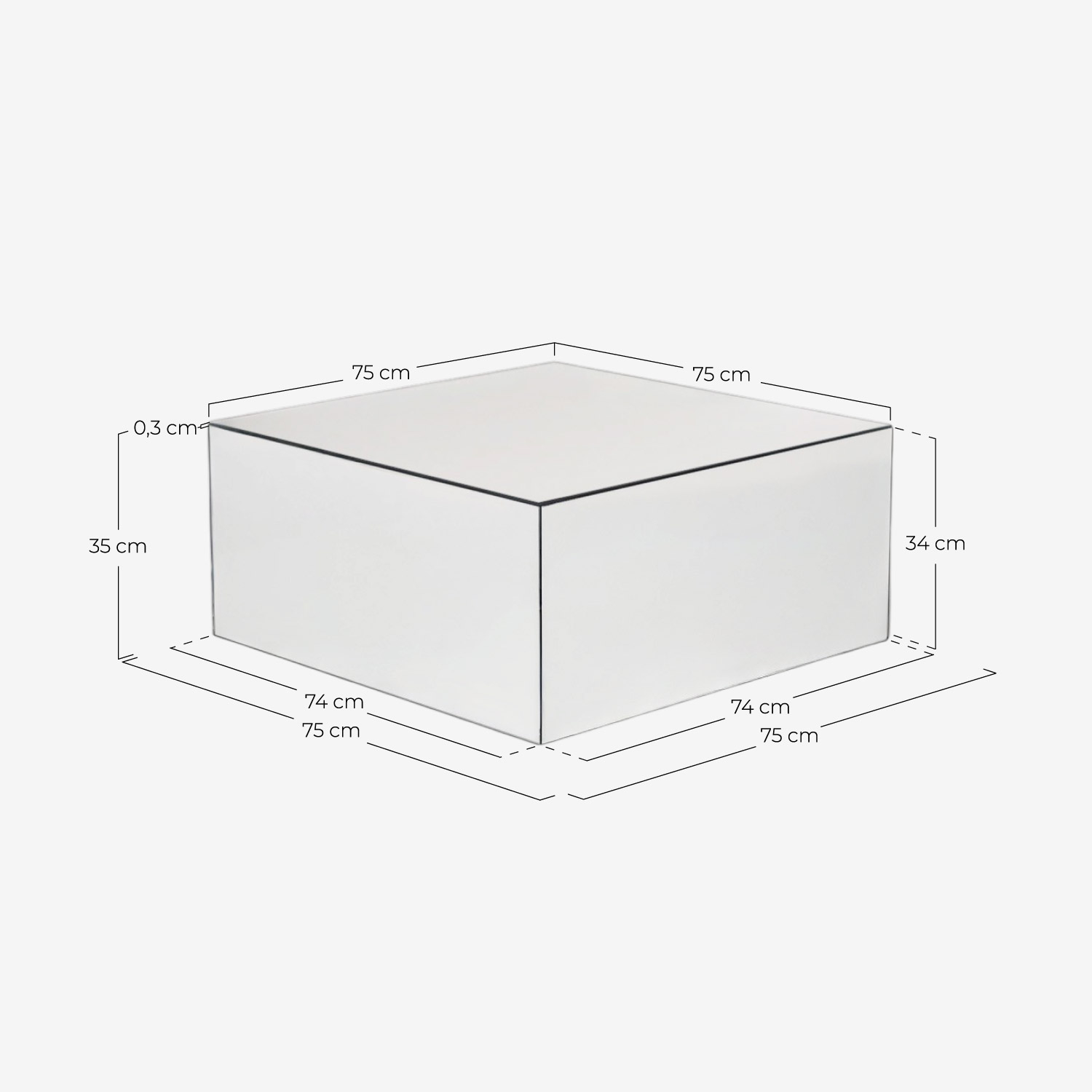Mesa de Centro Quadrada de Vidro (75x75 cm) Ninel, Medidas
