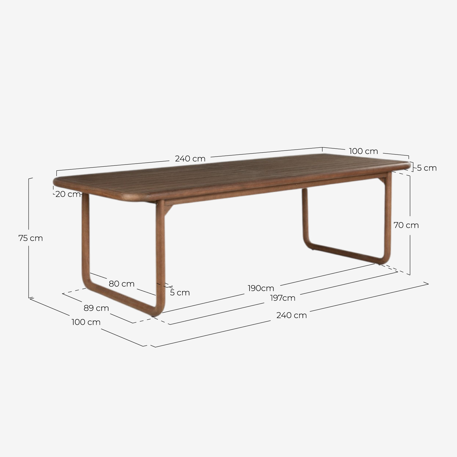 Mesa Retangular em Madeira de Eucalipto para Exterior (240x100 cm) Elnes, Medidas