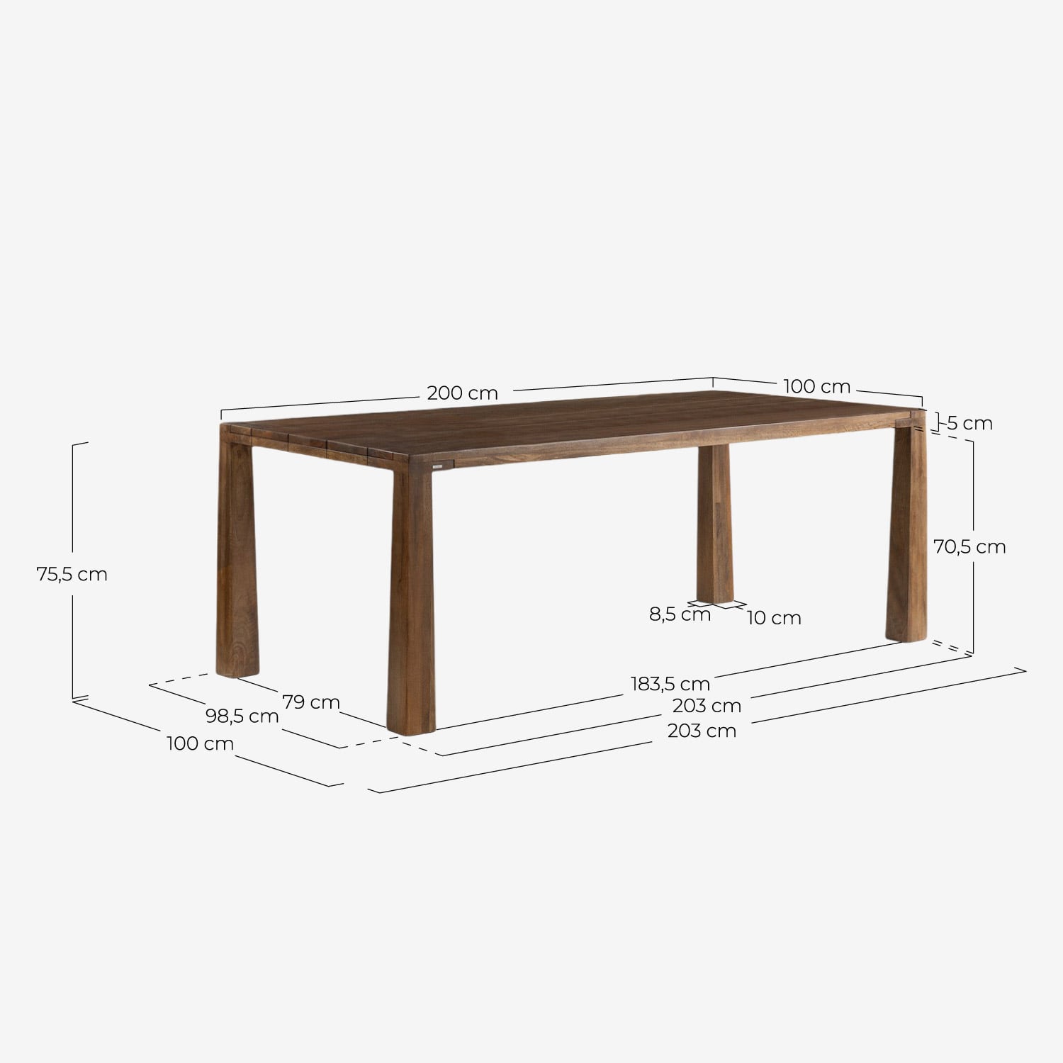 Mesa Retangular em Madeira de Manga para Exterior (200x100 cm) Brody, Medidas