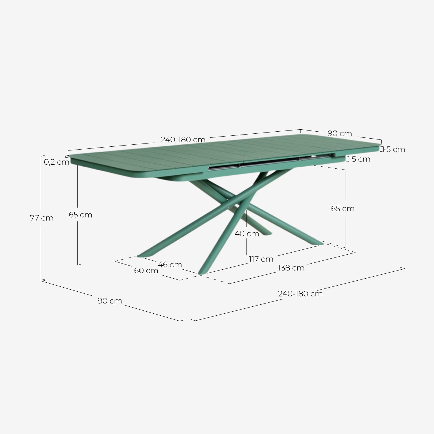 Mesa de Jantar Retangular Extensível em Alumínio (180-240x90 cm) Kelsey, Medidas
