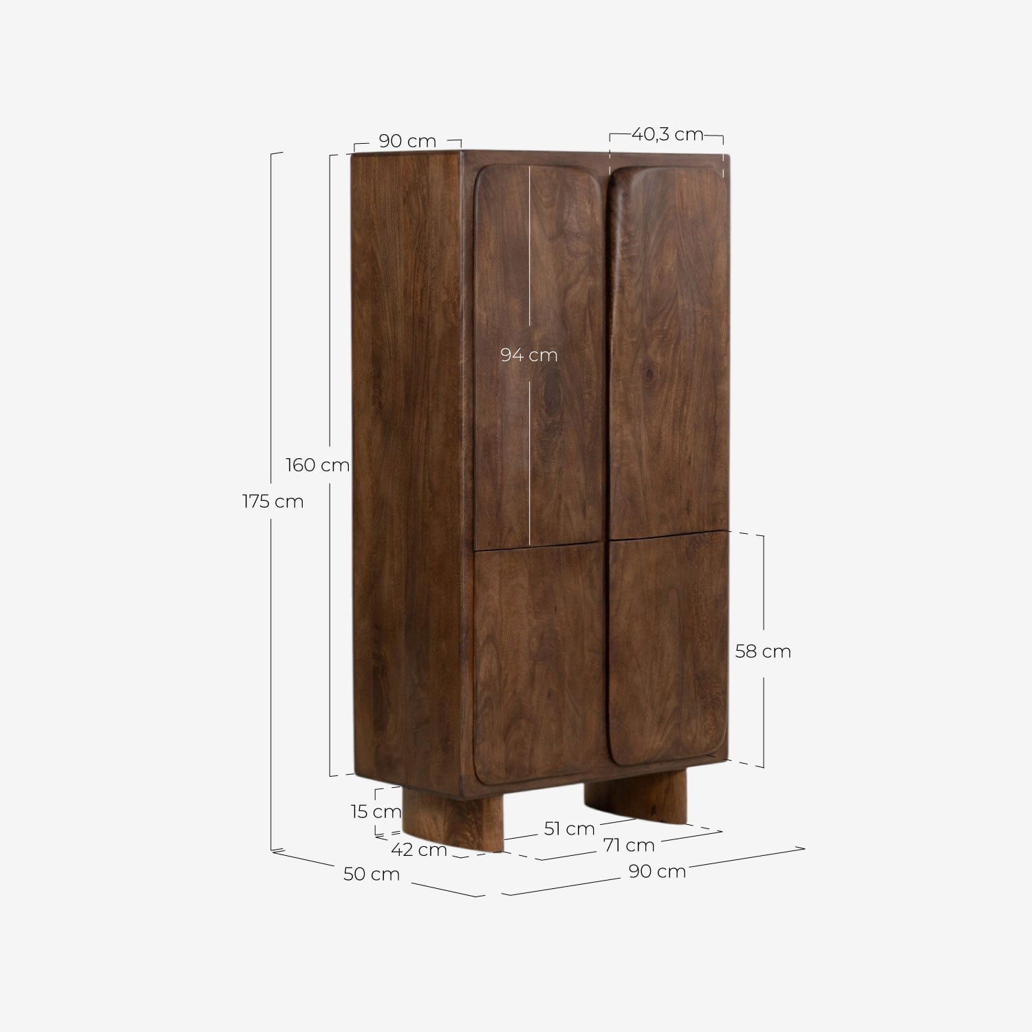 Guarda-Roupa de 4 portas 175x90 cm em Madeira de Manga Orlean, Medidas