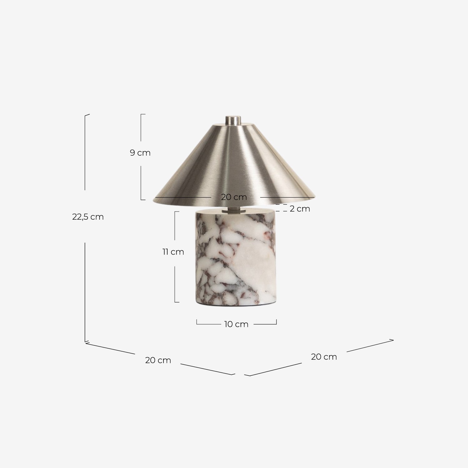 Luminária de Mesa LED sem Fio em Mármore e Metal Obely, Medidas