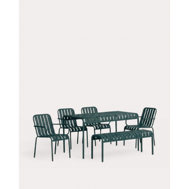 Conjunto de Mesa Retangular (130x80 cm) com 1 Banco e 4 Cadeiras de Metal Tavo Outdoor Verde Grove - The Masie