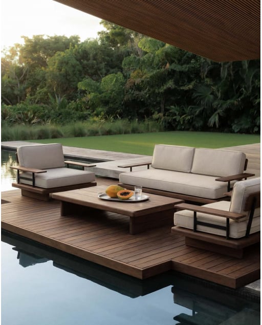 Conjunto de Jardim com Sofá de 2 Lugares, 2 Poltronas e Mesa de Centro em Madeira de Acácia e Metal Ayanis
