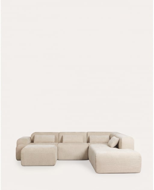 Conjunto de sofá modular de 4 peças embalado a vácuo, com módulos de canto, módulo central, chaise longue e pufe de tecido Rhys - Bege Seashell