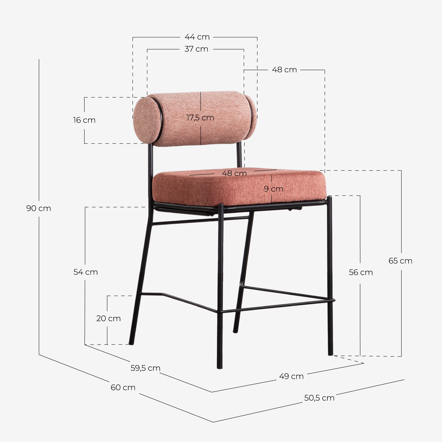 Banco alto 65 cm em tecido e metal Elin, Medidas