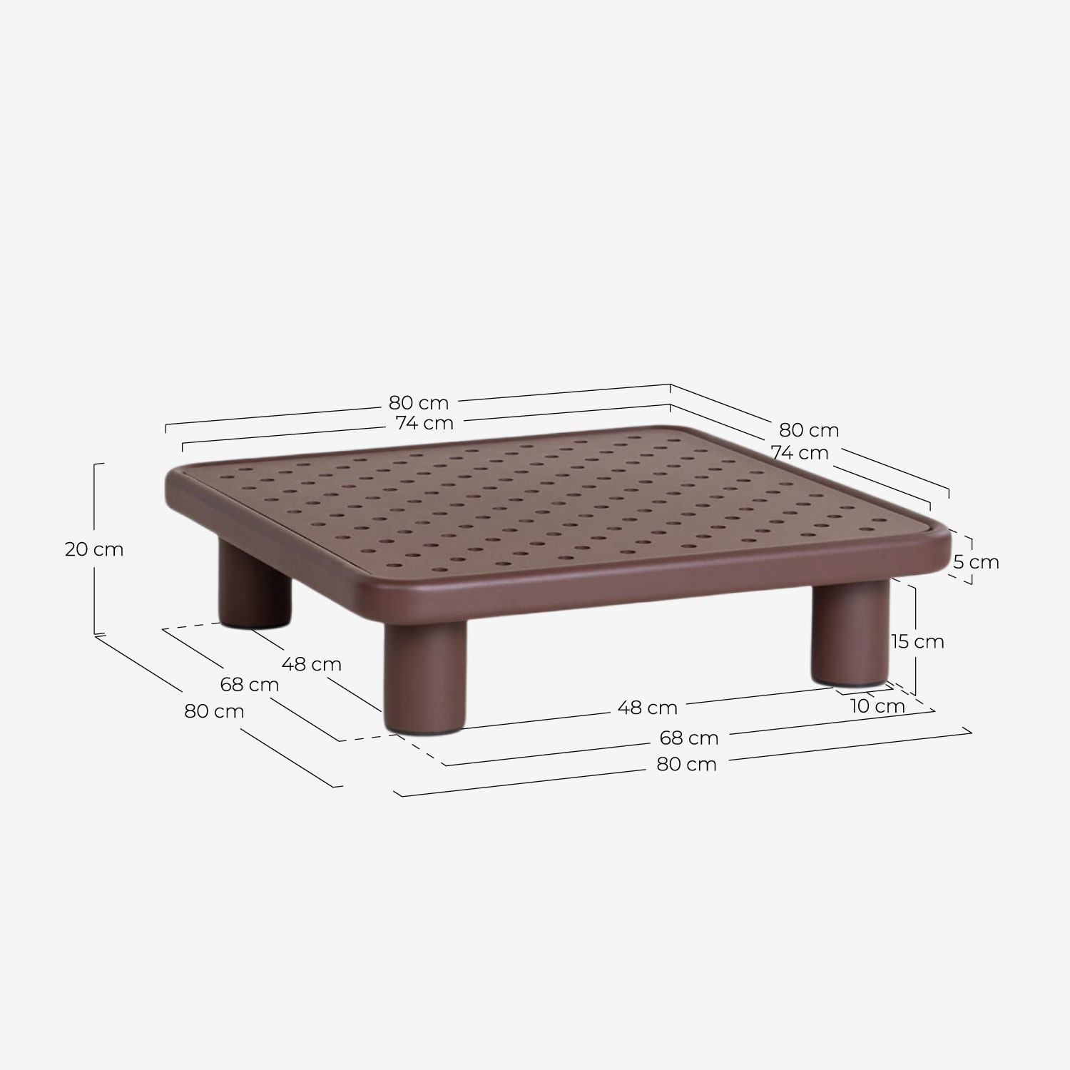 Conjunto de jardim com 2 módulos de canto, módulo central e mesa de centro em alumínio e tecido Lantana, Medidas