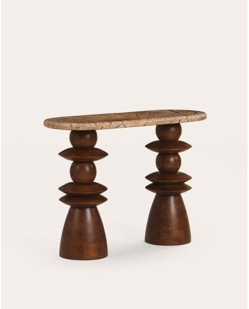 Mesa de consola oval 110x40 cm em mármore e madeira de mangueira Erato