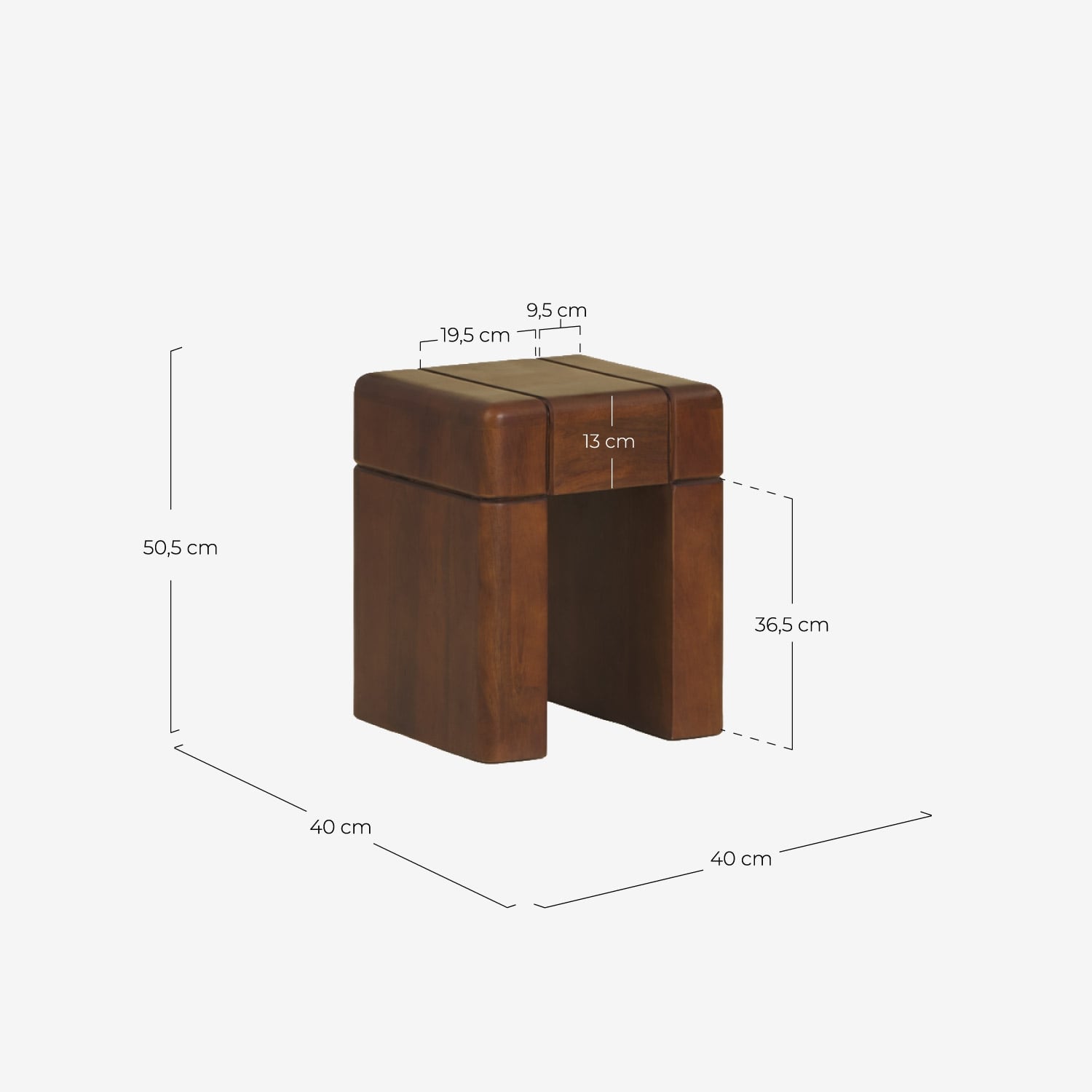 Mesa lateral quadrada 40x40 cm feita de madeira de mangueira Thalia, Medidas
