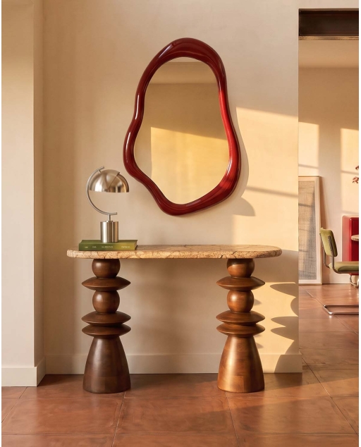 Mesa de consola oval 110x40 cm em mármore e madeira de mangueira Erato