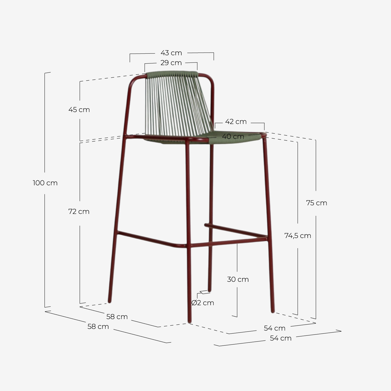 Banqueta Alta Externa em Metal e Corda (75 cm) Mayailer, Medidas