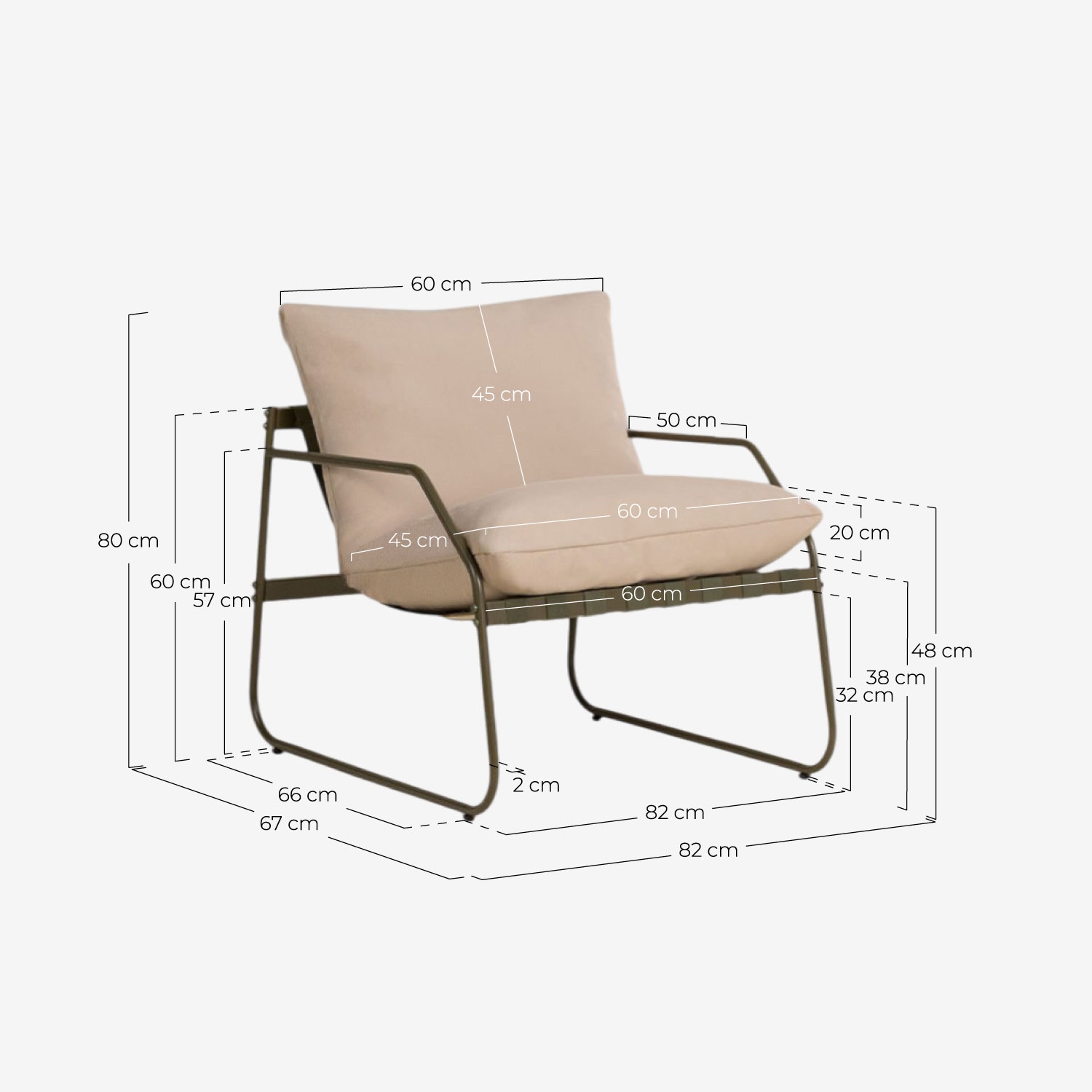 Conjunto de jardim com sofá de 2 lugares, 2 poltronas e mesa de centro em metal e tecido Ohiane, Medidas