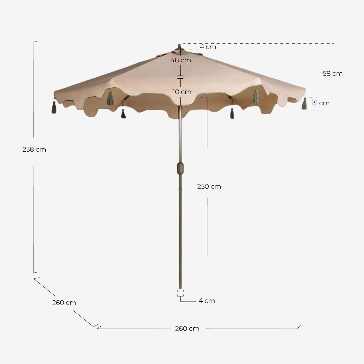 Chapéu de sol Ø260 cm para jardim e terraço Xuna, Medidas