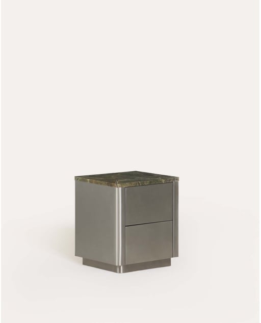 Mesa lateral retangular com 2 gavetas 45x40 cm de mármore e metal Ulfhild