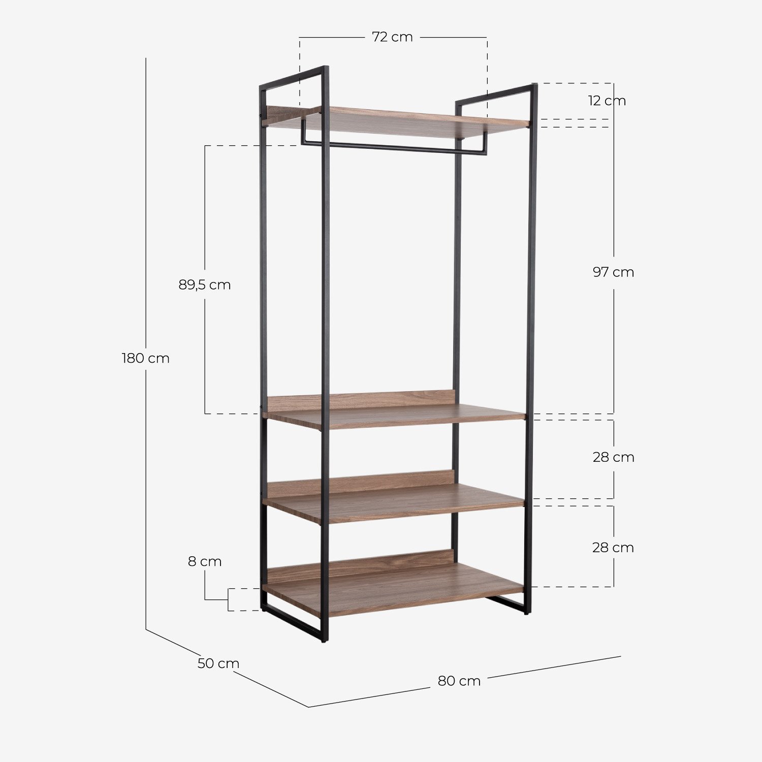 Standing Coat Rack with Metal and Wooden Shelves (180x80 cm) Mirey, measurements