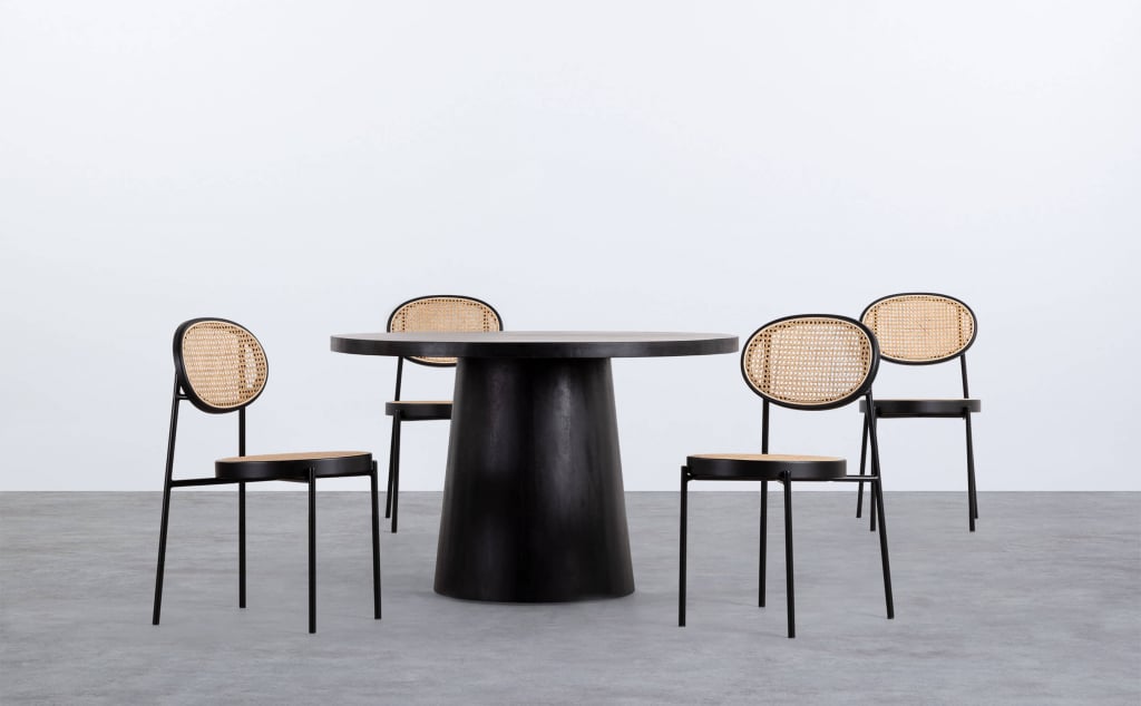 Doran Round Wooden Dining Table Set and 4 Vili Natural Rattan Chairs
