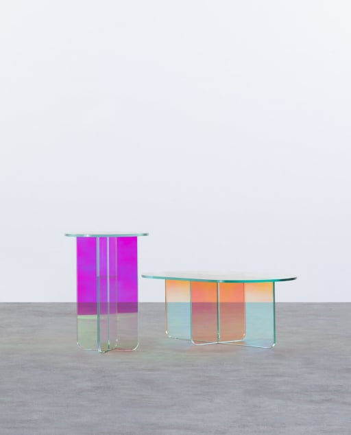 Set of Iridescent Tempered Glass Side Table and Coffee Table Iris