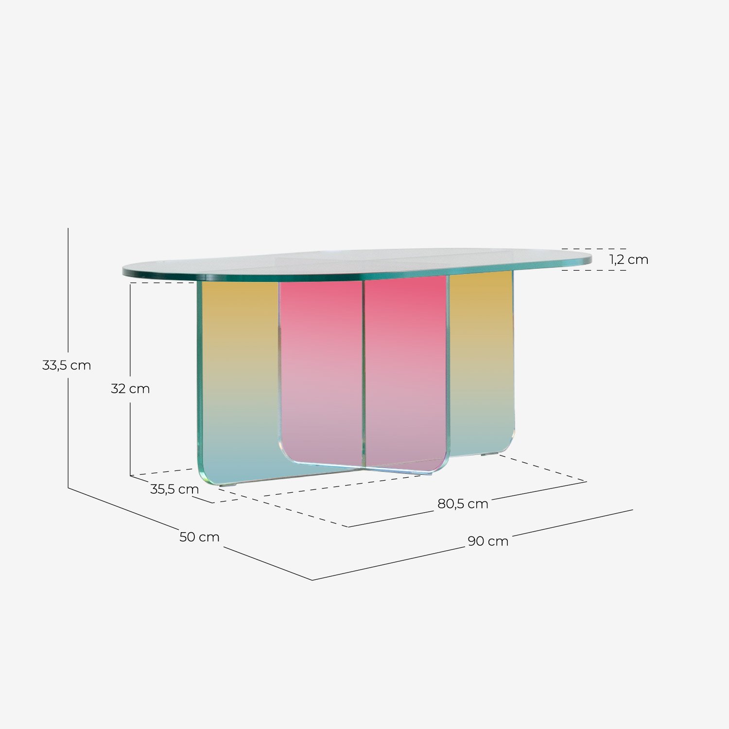 Iridiscent oval coffee table in tempered glass (90x50 cm) Iris, measurements