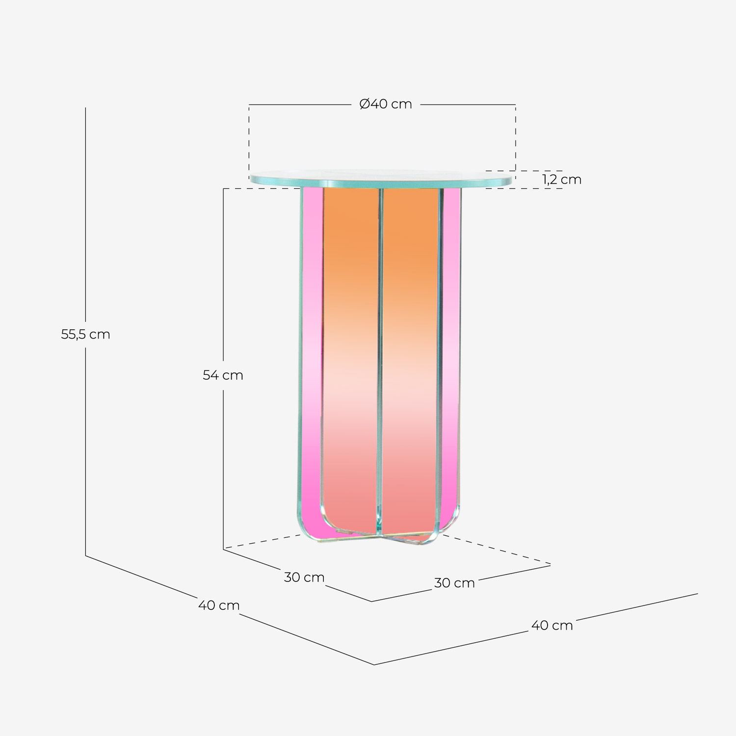 Set of Iridescent Tempered Glass Side Table and Coffee Table Iris, measurements