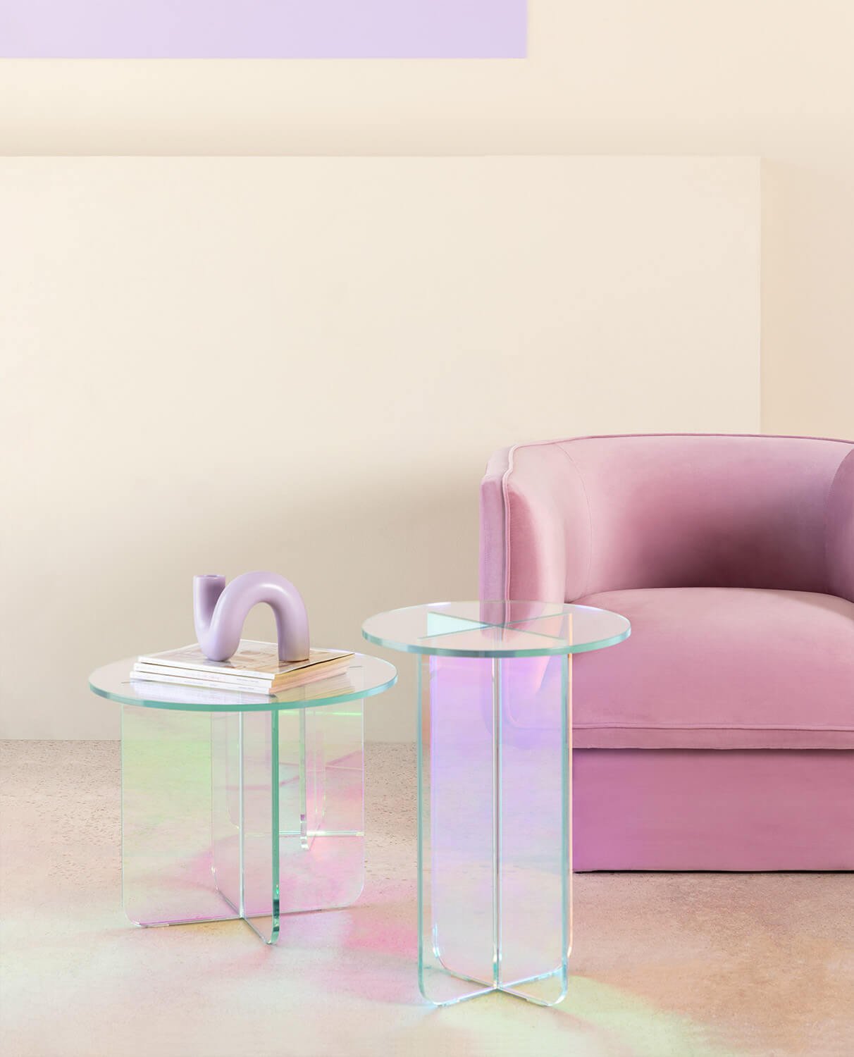 Set of Iridescent Tempered Glass Side Table and Coffee Table Iris, gallery image 2
