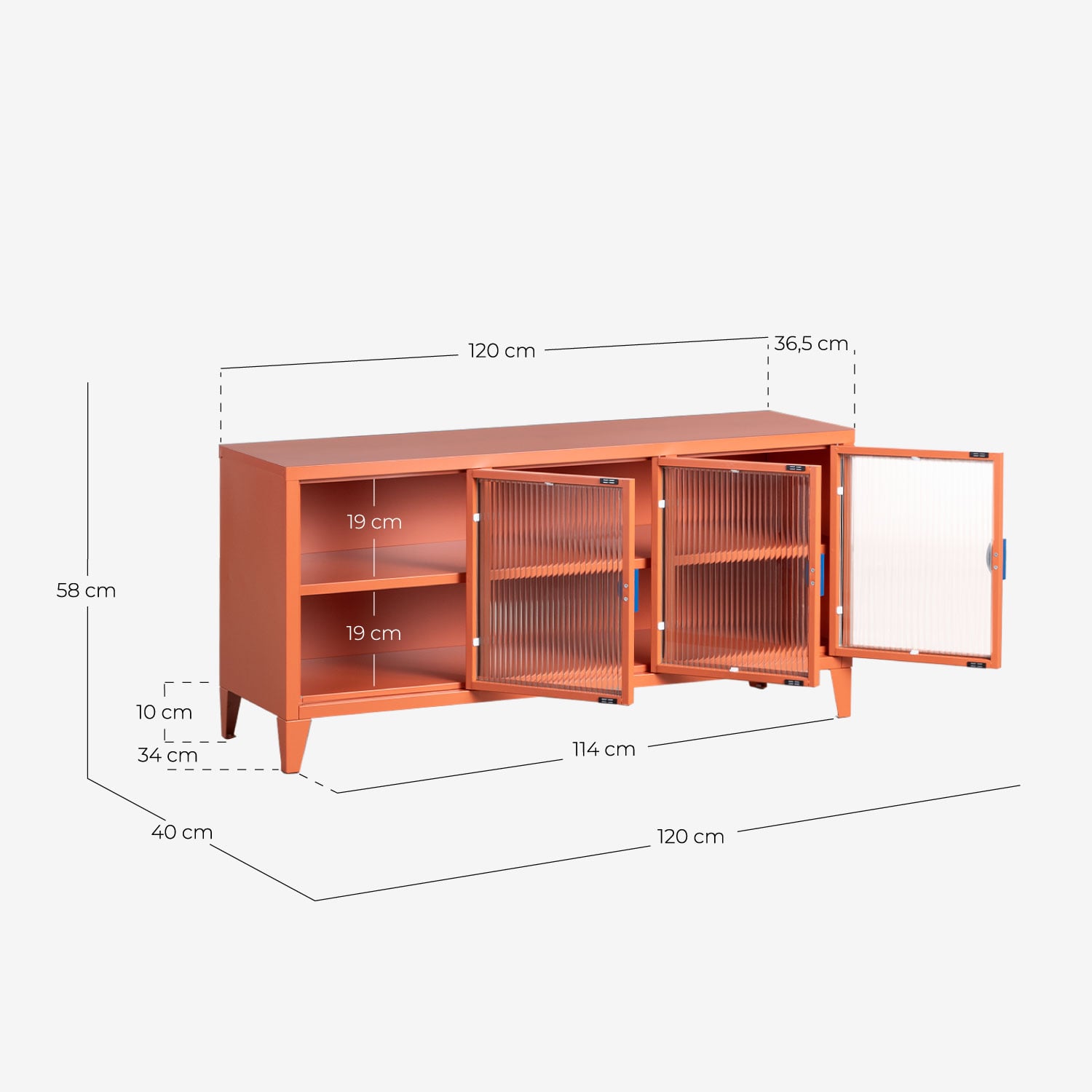 TV Unit 3 Doors 120x40 cm in Laminated Steel and Glass Soan, measurements