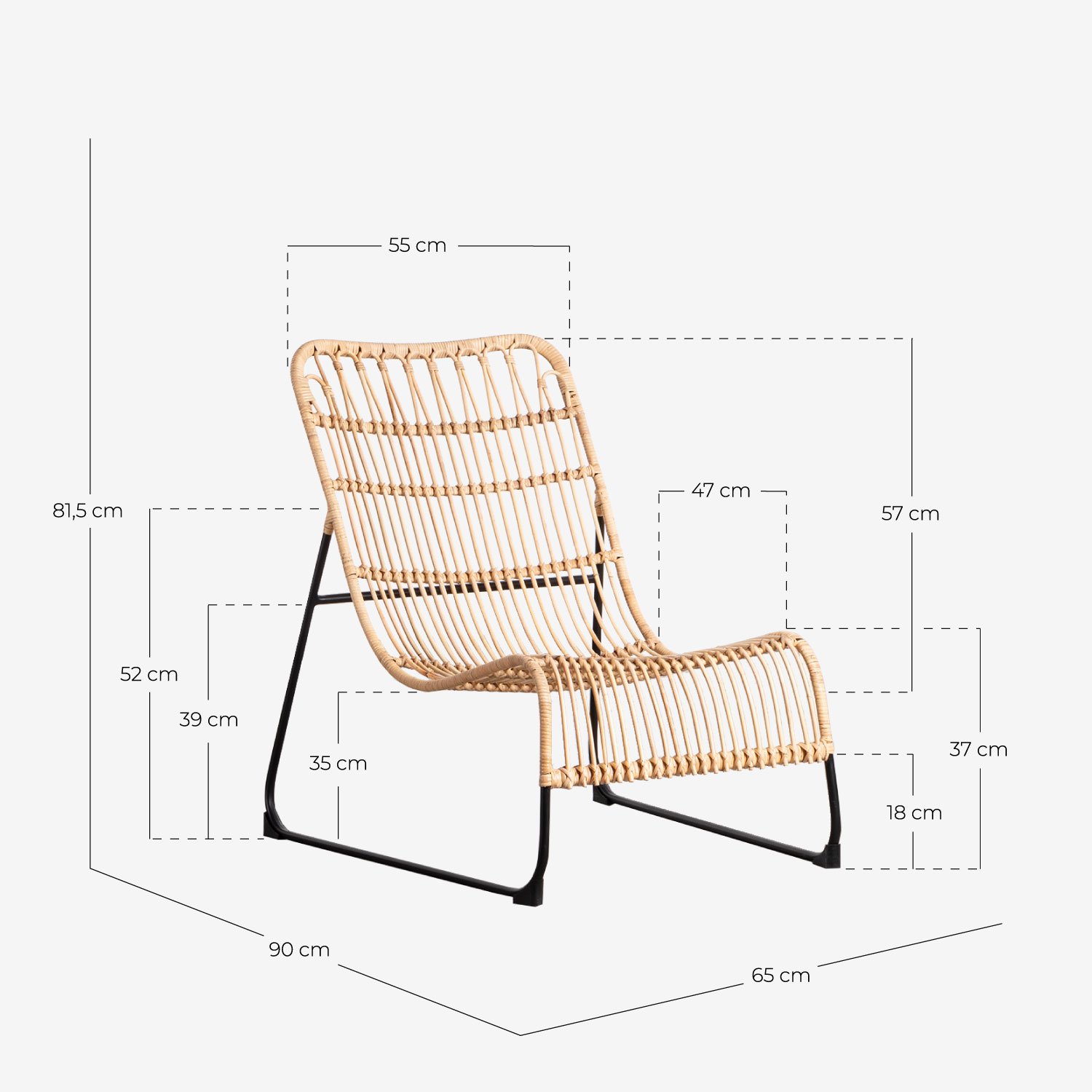 Natural Rattan Armchair with Footrest Milan , measurements
